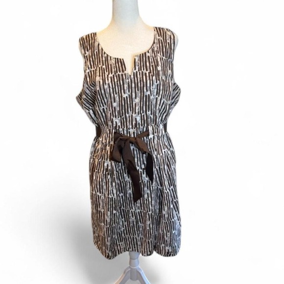 Vintage Robbie Bee Brown & White Striped Belted Shift Dress Sz 14 - Picture 1 of 3